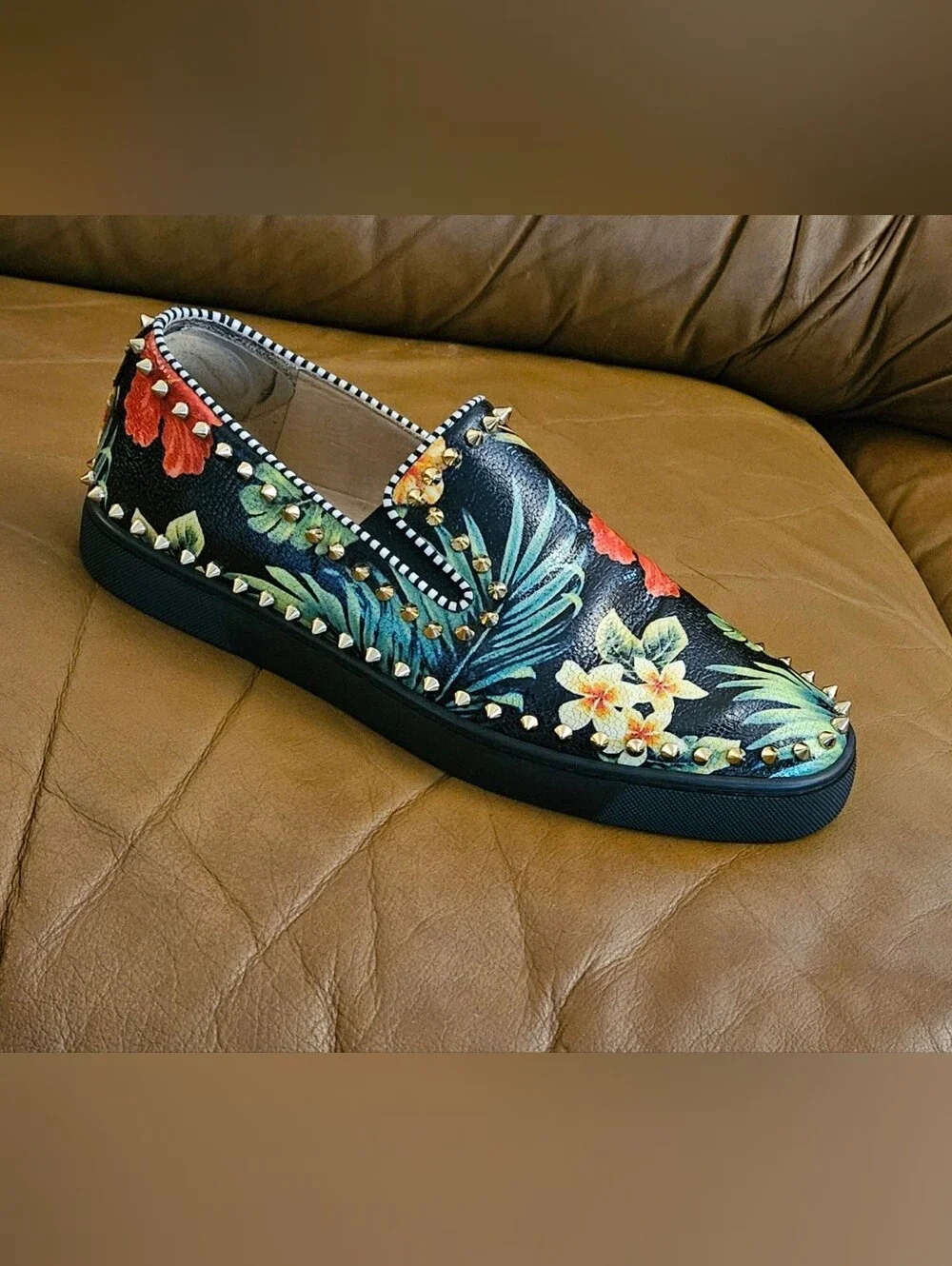 Men's Christian Louboutin Floral Spike-Studded Slip-On Loafers Size 11 US